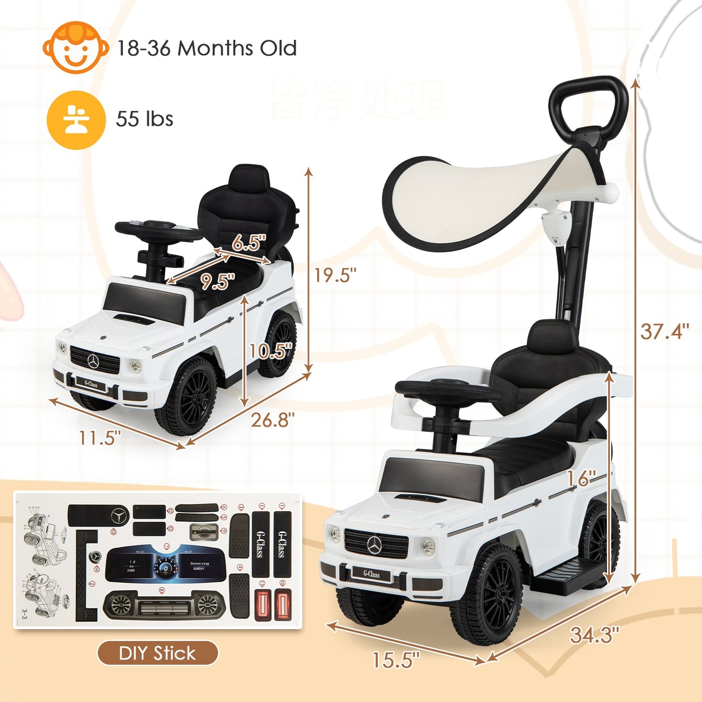3-In-1 Ride on Push Car Mercedes Benz G350 Stroller Sliding Car with Canopy-White